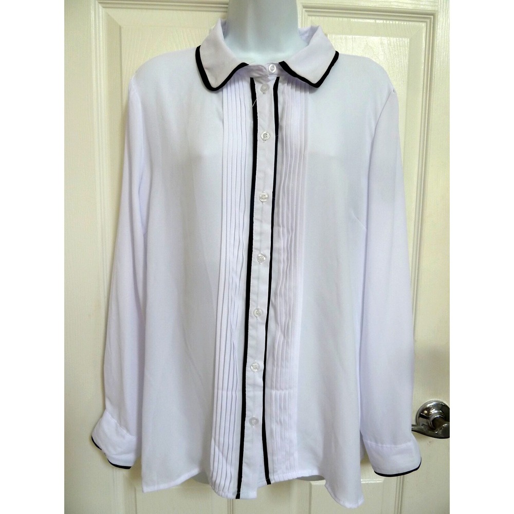 *NEW!! NEW YORK & CO. Sz L White W/Black Trim Pin-Tucked Blouse Career Office*